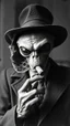 Placeholder: Get An old picture style of black and white mono very bad quality looks very old camera picture of an alien smoking a cigar like a boss , year 1900