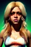 Placeholder: portrait, Shakira, blonde artist, angry, Realistic image, latex style dress. baseball bat, loose long hair, eyes make up, perfect, glow, circle iris. Neon colors, leds, geometric shapes. Dark background, photo studio, neon lights. Mad max, concept art, smooth, unreal engine 5, god lights, ray tracing, RTX, lumen lighting, ultra detail, volumetric lighting, 3d, finely drawn, high definition, 4k.