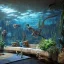 Placeholder: a gorgeous, stunning underwater livingroom with paned glass wall, dark wood floor, plants, stones, sofa and chairs, 8k resolution, high-quality, fine-detail, digital art, detailed matte, volumetric lighting, illustration, 3D octane render, brian froud, howard lyon, selina french, anna dittmann, annie stokes, lisa parker, greg rutowski, George Grie, Ben Goossens, Igor Morski