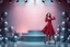 Placeholder: a pretty stage made of metallic blue-gray teme 3d recursive geometry and sphere base structures and a beautiful fashion model lady posing with joy and cute ,with dark red top and pretty pleated midi skirt ,makeup curvy long hair,dynamic camera zoom to full body and pan, dynamic lights.