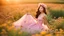 Placeholder: A gorgeous Asian model in a fairy outfit in a field of flowers at sunset