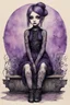 Placeholder: Petit girl goth many tattoos on his body, siting, fullbody, watercolor illustration by <John Kenn Mortensen>, purple tones,