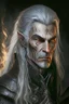 Placeholder: ancient grizzled, gnarled elf mage, he has long, grey hair streaked with black, highly detailed facial features, and sharp cheekbones. His eyes are black. He wears weathered medieval leather clothes. he is lean and tall, with pale skin, full body with thigh high leather boots and has a dark malevolent aura within swirling maelstrom of ethereal chaos in the comic book style of Bill Sienkiewicz and Jean Giraud Moebius in ink wash and watercolor