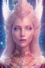 Placeholder: 1 full body shot,masterpiece galactic pink metalic, cosmic princesse belle fine, profil de trois quart, grand front cosmique, peau blanc cristalline pailletée, yeux bleu, perle sur le front long cheveux blond et rose etoilé, cristaux sur le corps, collier de grande princesse, levres souriante, très jolie sourire, longs cheveux blonds,ailes roses transparents, costume galactique bleu metallisé,