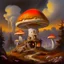 Placeholder: A rustic white, orange and yellow (((mushroom house))) perched atop a (tall geologic pillar), surrounded by a ((( rainbow haze ))), offset by the subtle hues of an (dark space scape), within. captured by the hand a skilled master painter with a focus on (hard bold compositions and voluminous lighting).detailed matte painting, deep color, fantastical, intricate detail, splash screen, exaggerated colors, fantasy concept art, 8k resolution