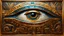 Placeholder: acrylic illustration, acrylic paint, oily sketch, Egyptian motif, A metallic bas relief of the Eye of Horus on a wall surrounded by hieroglyphics well lit cinematic bright incandescent lighting