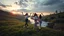 Placeholder: a group of young ladies in sports pants and blouse are dancing to camera in high grassy hills,a small fall and river and wild flowers at river sides, village houses,some trees ,cloudy sun set sky