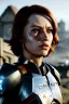 Placeholder: ultrarealistic, ruined city,__mass effect armor__, __angles__, 12 year old woman, strikingly beautiful, ginger hair, silver colour, [__starlets__|__starlets__], (pale __skincolor__ skin:1.2), __camera__, _hair_, detailed face and eyes, medium breasts, leather choker, freckles, dynamic pose, resolved expression, __accessory__, strappy outfit, (straps:1.1), sword in scabard on left hip, (buckles, buttons, snaps, rings:1.0), haltertop style breastplate, detailed eyes, plump lips, sci-fi theme