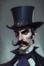 Placeholder: Strahd von Zarovich with a handlebar mustache wearing a top hat looking puzzled