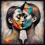 Placeholder: Whimsical kissing: This strange asymmetric abnormal kissable beautylady has a head that looks like a triangle, a square and a circle sewn together with cords. Colorful abstract art, mixed media. Disturbing, turpistic, dark. Scratches. Kissing background.