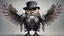 Placeholder: An cyborg owl , in a hat and boots, fantasy, dreamlike, surrealist, grumpy, mechanic, tools wings spread open