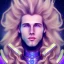 Placeholder: smiling beautifull long hair blond man face with cristal diamond on the forehead , cosmic armor and cosmic purple and blue sky behind