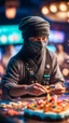 Placeholder: portrait of wilderness ninja baking the highest cake during a casino game show, bokeh like f/0.8, tilt-shift lens 8k, high detail, smooth render, down-light, unreal engine, prize winning