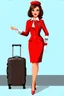 Placeholder: pin-up style realistic cartoon of 50 year old brunette stewardess in short and tight red uniform dress with green eyes, very red lips and long eyelashes, shiny red heels and a cabin suitcase