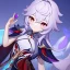 Placeholder: Genshin woman, Clear Focus High resolution, Calm Background, Light skinned woman, Purple long beatiful hair, Red sparkling eyes, Very Beatiful Face, Splash art