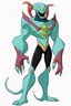 Placeholder: This new alien from the Ben 10 cartoon looks like an alien with an advanced and amazing appearance. He is distinguished by his slender and flexible body, which indicates his high alien capabilities. His skin appears light blue, adding to his feral character