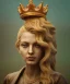 Placeholder: Statue of Queen of photography. Cute blonde woman. Photographer in golden crown. Standing on the street. Big camera in her hand. hyperdetailed, photorealistic, trending on artstation, greg rutkowski, beksinski, kodachrome, bokeh, red and gold