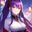 Placeholder: girl, masterpiece, best quality, volumetric lighting, detailed outfit, perfect eyes, purple hair, red eyes, long hair, ponytail, obi,