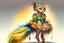 Placeholder: Jean-Baptiste Monge style. Full body of a humanoid biomorph kitten-owl faced woman. Vibrant, colorful. A furry striped dress, covered with owl feathers, in sunshine
