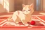 Placeholder: cute fluffy chibi beige cat playing with a giant plush red covid virus in a modern hall on a carpet in sunshine