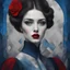 Placeholder: Anna Karenina; A beautiful woman standing in a dark, realistic blue eyes, mixed media, patchwork, quaint, Goth, black and white textures, splashes of red, red lips, by Aubrey Beardsley by Tomasz Setowski by Iwona Lifsches. 3D image