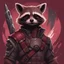 Placeholder: Rocket Raccoon with maroon and black palette with background in nouveau realism art style