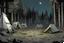 Placeholder: night time, camp, forest, post-apocalypse, front view, comic book, cartoon