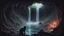 Placeholder: dark place, cozy place, old gods, small black cat in the distance, Lovecraft, abyss, liquid creature,few creatures, the foot of the waterfall, spacious place