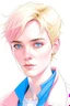 Placeholder: drawing of young adult with short blond hair, blue eyes, pink makeup, and pink outfit