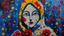 Placeholder: woman . blue and white cloak, dotted face, red poppy flowers, emotion minimalism, yellow swirls, pastel world, Dynamic , matte colors, frame effects, ((painterly)), (dark tones), muted colors, (expressive strokes), detailed, expressionist, art brut, outsider art, naive art, darkmood, míro style