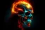 Placeholder: fire iron-bronze-crystal head skull tattooed nature-witch girl with long hair and smoked background elemental flames lightning lights luminance colourful futuristic steampunk