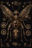 Placeholder: steampunk metal insect with wings, surrounded by cogs and springs, black background