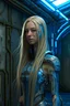 Placeholder: Cyborg female evolving | very long blonde hair | concrete floor | detailed | fine art | highly detailed | smooth | sharp focus | ultra realistic | full body portrait view | Mysterious | blue metal, smile