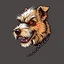 Placeholder: left facing head of angry Terrier dog with blood shot eyes and bloodied teeth and bushy fur, a ball chain collar around neck, a chain leash attached to collar, vector