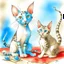 Placeholder: Playful watercolor sketch of two expressive Cats . One blue eyed Oriental shorthair Siamese cat large, clutching a toy red polka dotted mouse, stands upright, mouth open in a comical pose, while a smaller green eyed Oriental Shorthair blue and white mackerel tabby cat with wide eyes sits below. Loose, gestural ink lines and soft watercolor washes overlay in a humorous scene. soft pastel cat bed with home background with subtle shading emphasizes the quirky funny characters in Chuck Jones style.