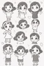 Placeholder: Little girl characters expressing different emotions, such as happiness, surprise, and curiosity. Use heart shapes to depict various facial expressions.,very happy , Colloring page for todlliers ; basic hawali style cartoon , black and white , ink outlines , , smooth , anime style , minimalist , cute eyes , full body , white shose , sketchbook , realistic sketch , free lines , on paper , character sheet , clean line art high detailed