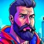 Placeholder: comic book realistic man with beard character closeup city background