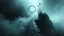 Placeholder: passage over nothingness, surreal, dark and cold abstract artwork dominated by deep blue, icy cyan, charcoal black and muted steel-grey tones. An narrow passageway emerges from an abstract distorted weird landscape, surrounded by thick fog and drifting mist. The space feels nightmare, alien and unsettling, with floating circle and arrows geometric forms, black onix column architectural fragmented and unnatural perspectives. At the center of the composition cracked stone way over abyss