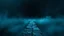 Placeholder: passage over nothingness, surreal, dark and cold abstract artwork dominated by deep blue, icy cyan, charcoal black and muted steel-grey tones. An narrow passageway emerges from an abstract distorted weird landscape, surrounded by thick fog and drifting mist. The space feels nightmare, alien and unsettling, with tiny floating circles and lines geometric forms, black onix column fragmented and unnatural perspectives. At the center of the composition cracked stone way over abyss