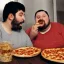 Placeholder: an obese man eating pizza next to a thin man eating vegetables