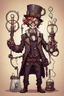 Placeholder: Crazy laboratory assistant with sickles in steampunk style, stardew valley style