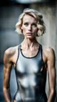 Placeholder: beautiful anorexic woman, total shot, short grey metallic triathlon swimsuit, short blond wavy bob hair, blurred concrete background