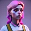 Placeholder: waitress gothic teenager, rounded face, pink hair, color cheeks, striped shirt, color ambient light, vibrant color, highly detailed, art stations, concept art, smooth, 16 bit, unreal engine 5, god rays, ray tracing, RTX, lumen lighting, ultra detail, volumetric lighting, 3d, finely drawn, high definition, high resolution.