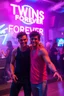 Placeholder: An "Identical twins" performing at dance club, theyre name is "Martin and Mercurius" Happy and celebrity look, , Neon lights and smog, "TWINS FOREVER" big sign on the wall