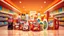 Placeholder: A 3D design of supermarket products such as soda, Coca-Cola, Fanta, mineral water, chocolate, packaged cakes, chips, puffs, Nutella, Rani, candy, shampoo, detergent with an orange, red, and white color theme in a special psychedelic space.
