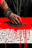 Placeholder: chained hand writing with a red fountain pen, mixed media of acrylic, watercolor, oil, gouache, and ink, by WLOP and Jermy Mann