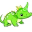 Placeholder: Cartoon illustration for children: Green Triceratops with one broken horn. He is sad.