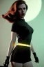 Placeholder: retro portrait image from 1960, New York explosion, long hair, young Scarlett Johansson, classic black tight lycra suit, weapons, gold bracelet and belt, high heel boots, soft color, highly detailed, unreal engine 5, ray tracing, RTX, lumen lighting, ultra detail, volumetric lighting, 3d, finely drawn, high definition, high resolution.