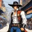 Placeholder: (in the style of Orion, by Masamune Shirow) a cowboy ready for the duel in Main Street
