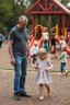 Placeholder: a creepy small skinny 40 year old dad in the playground with his young 3 year old daughter with blonde hair playing on the playground but the dad is checking out all the other kids curvy mums . there are many kids playing on the playground